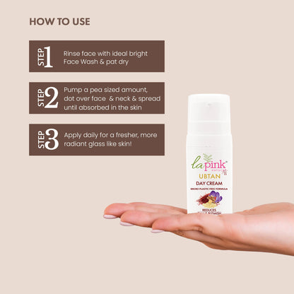 Day cream bottle with usage instructions on a beige background