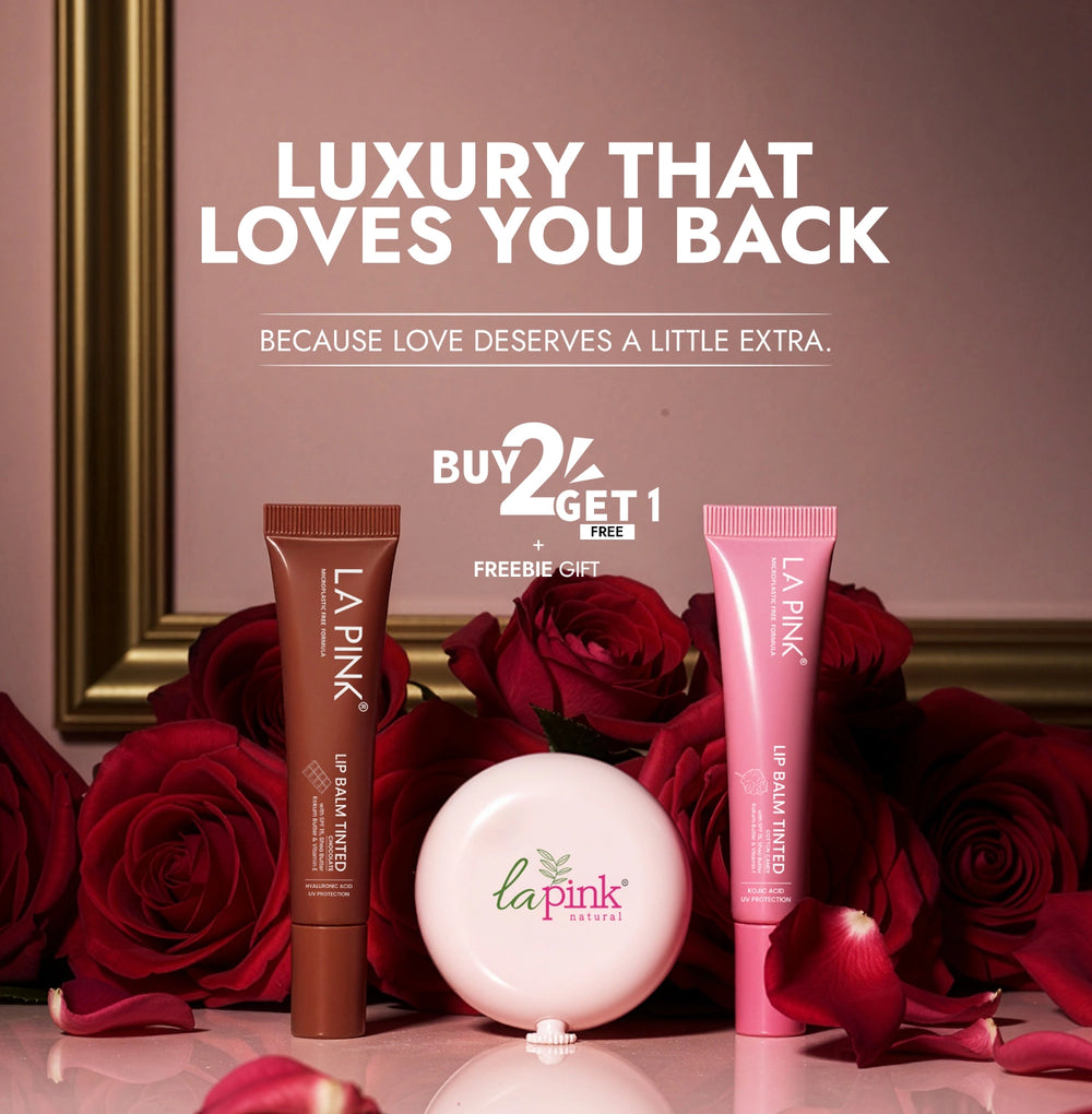 La Pink lip balm products with red roses and promotional text on a pink background