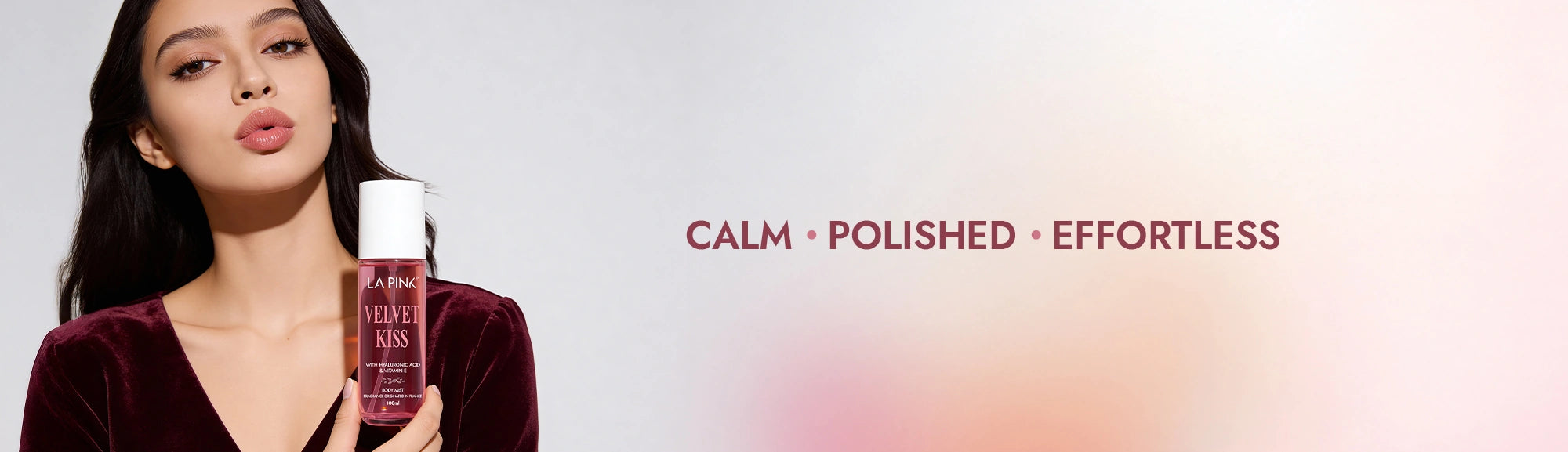 Woman holding a skincare product with 'Calm', 'Polished', 'Effortless' text on a gradient background