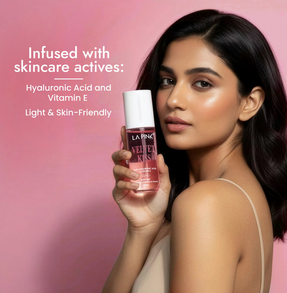 Woman holding a skincare product with text about skincare actives on a pink background