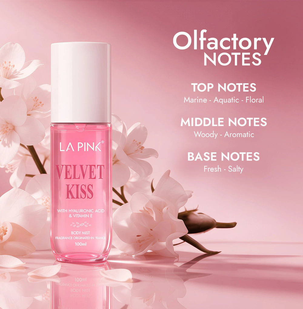Pink bottle of 'La Pink Velvet Kiss' with floral elements on a pink background