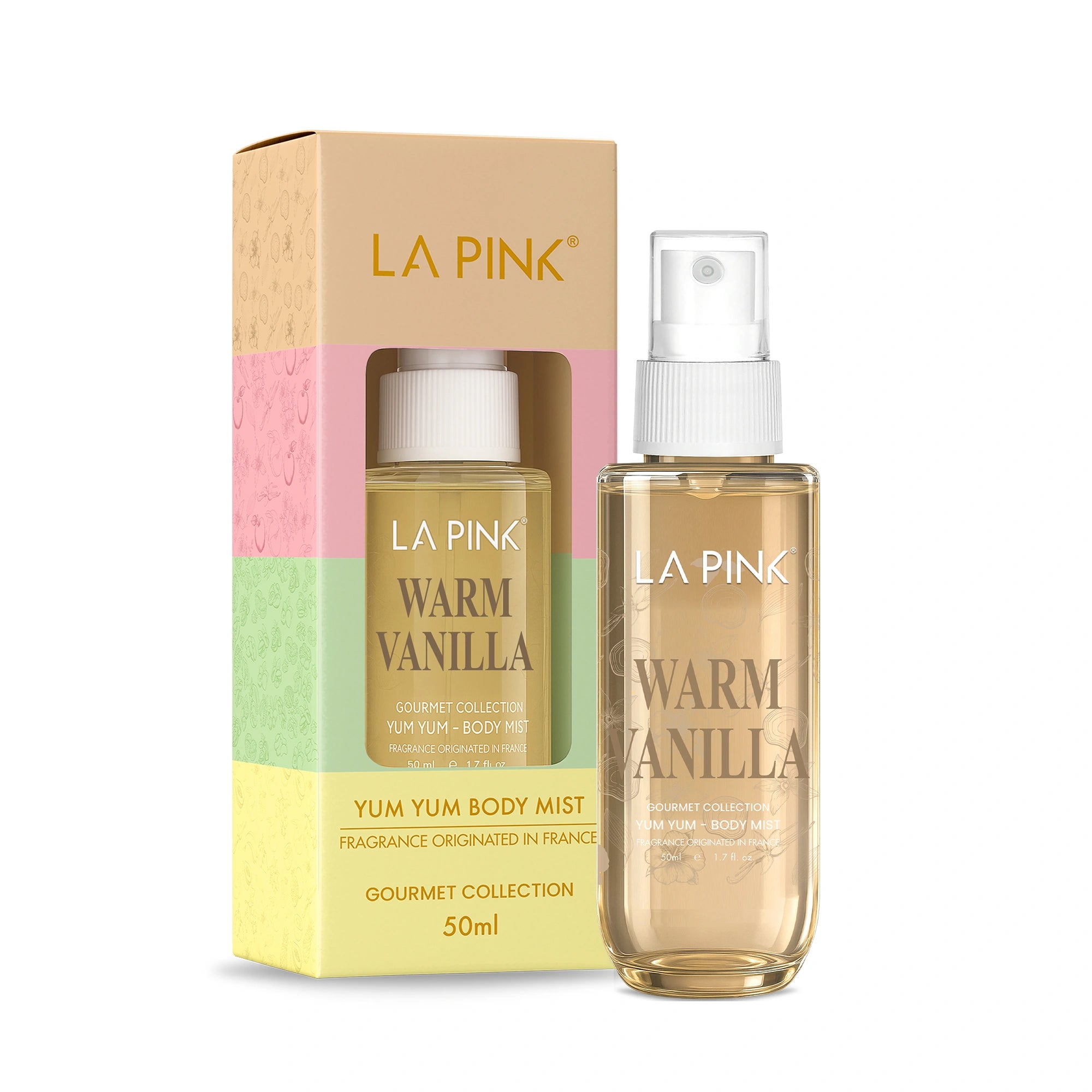 La Pink Warm Vanilla body mist bottle and packaging on a white background