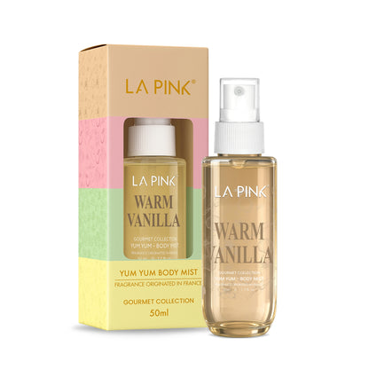 La Pink Warm Vanilla body mist bottle and packaging on a white background