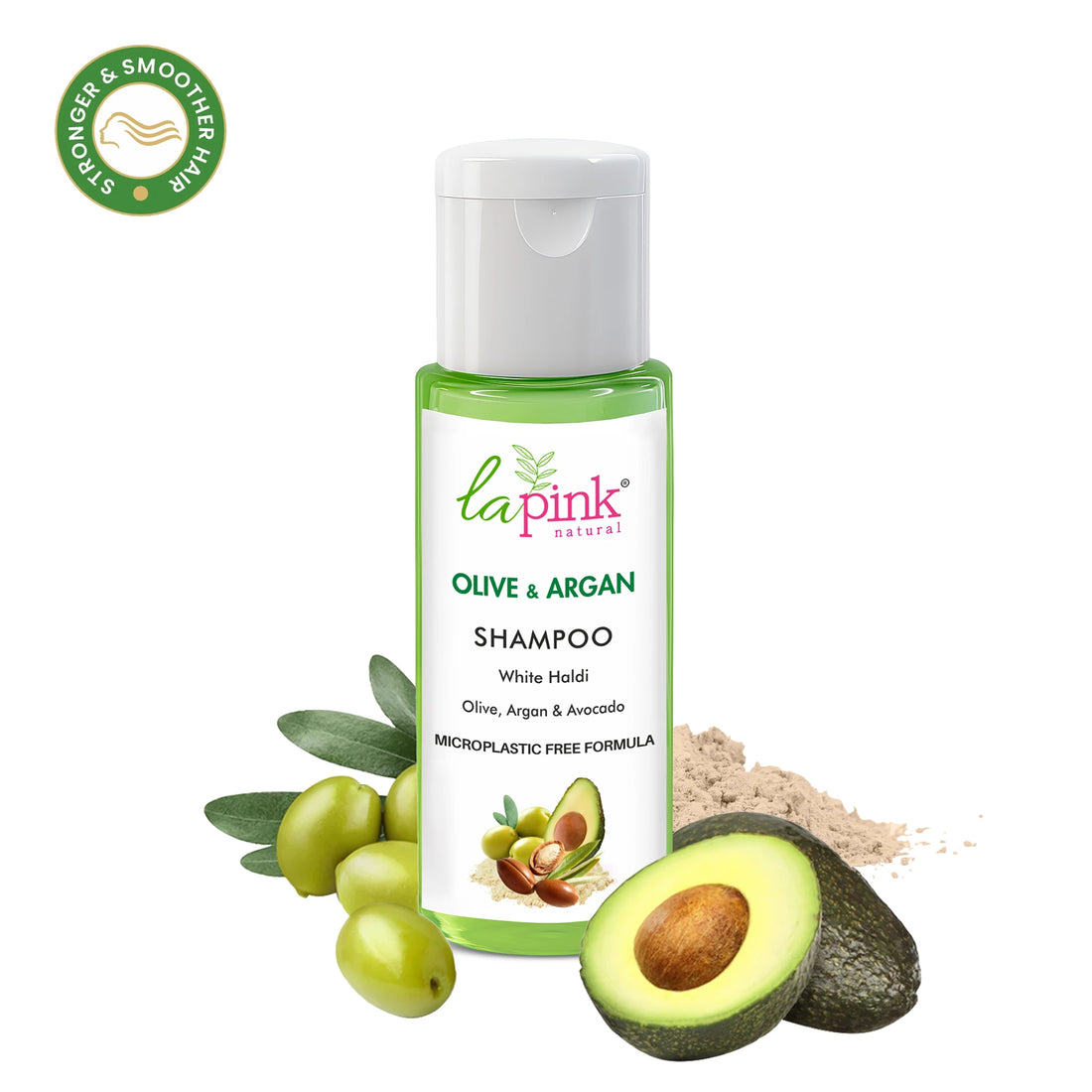 Shampoo bottle with olive, argan, and avocado on a white background