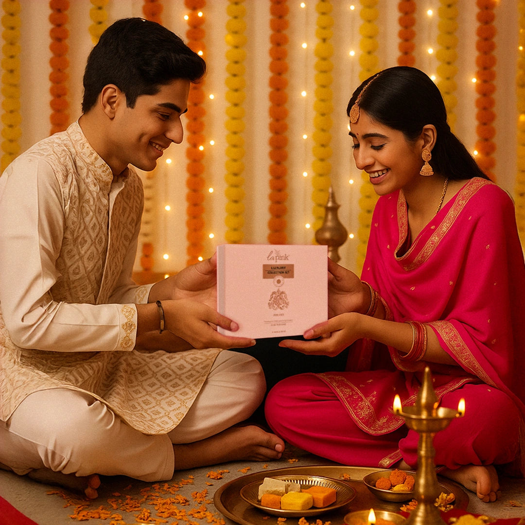 Man and woman exchanging a box in traditional attire with decorative lights in the background