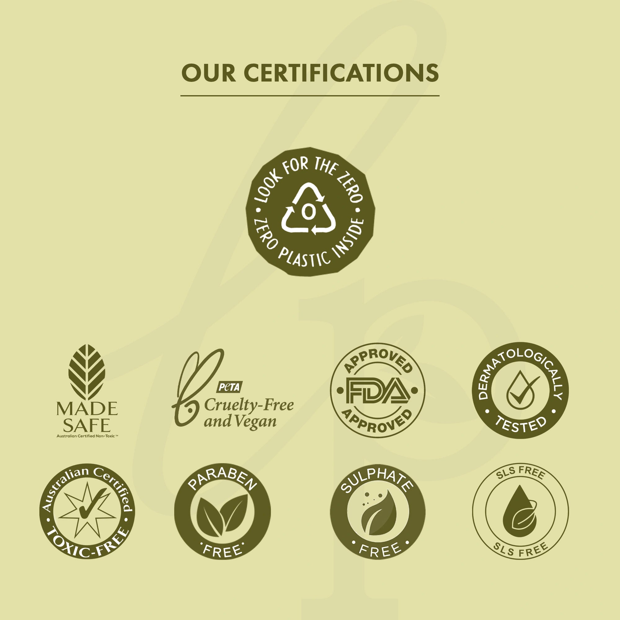 Collection of product certification logos on a light green background