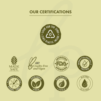 Collection of product certification logos on a light green background
