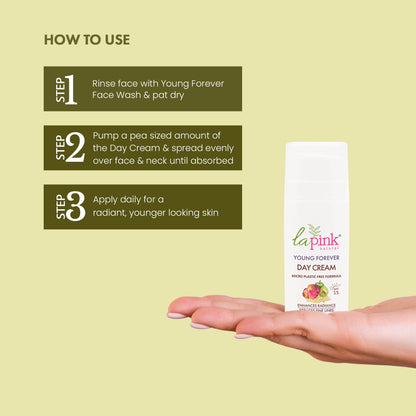 Day cream bottle with application instructions on a light green background