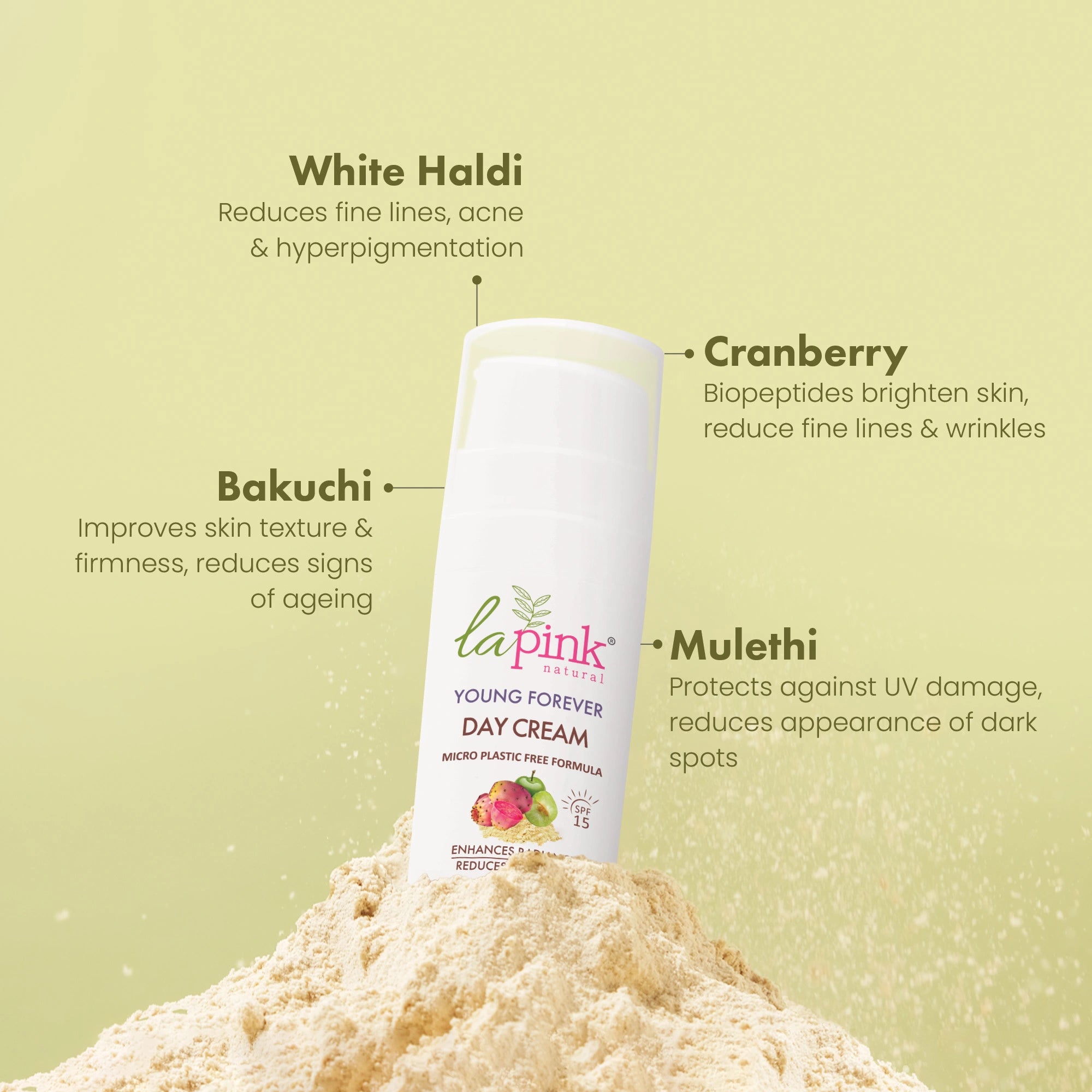 Day cream bottle with ingredients listed on a light green background