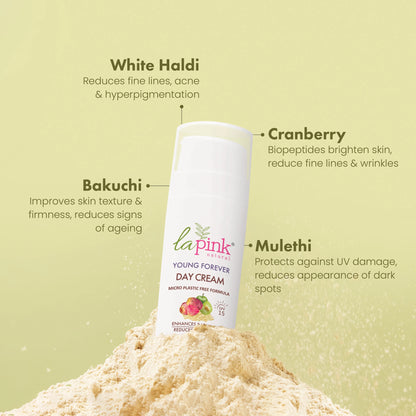 Day cream bottle with ingredients listed on a light green background