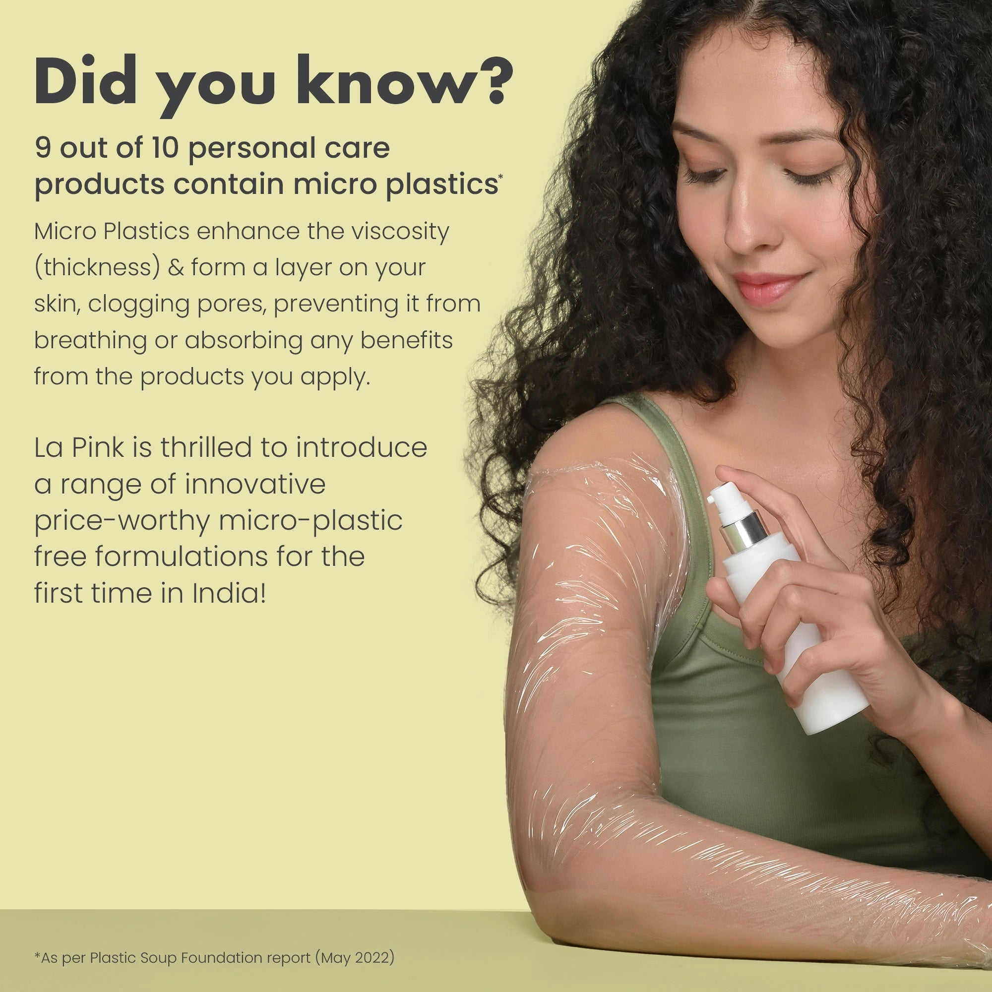 Woman applying a personal care product with text about micro plastics and La Pink&