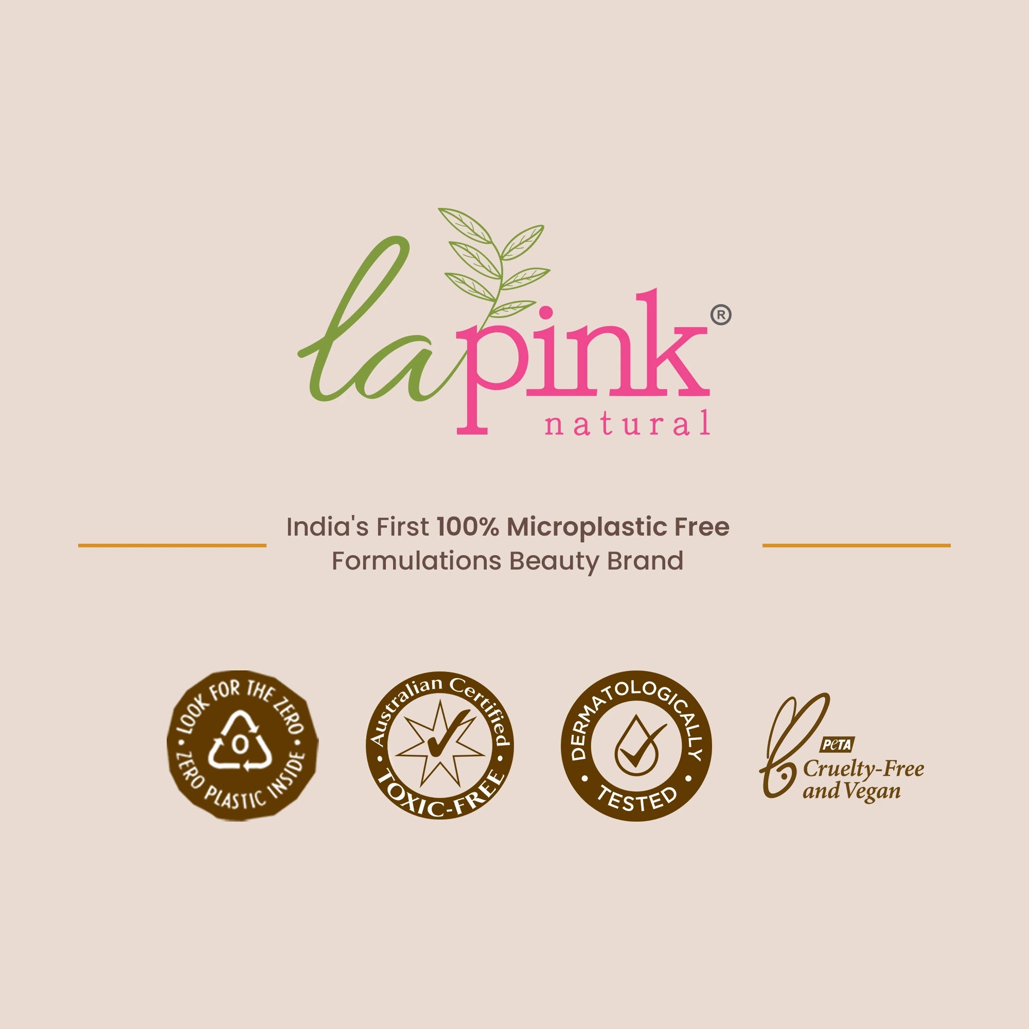Lapink Natural branding with certification logos on a beige background