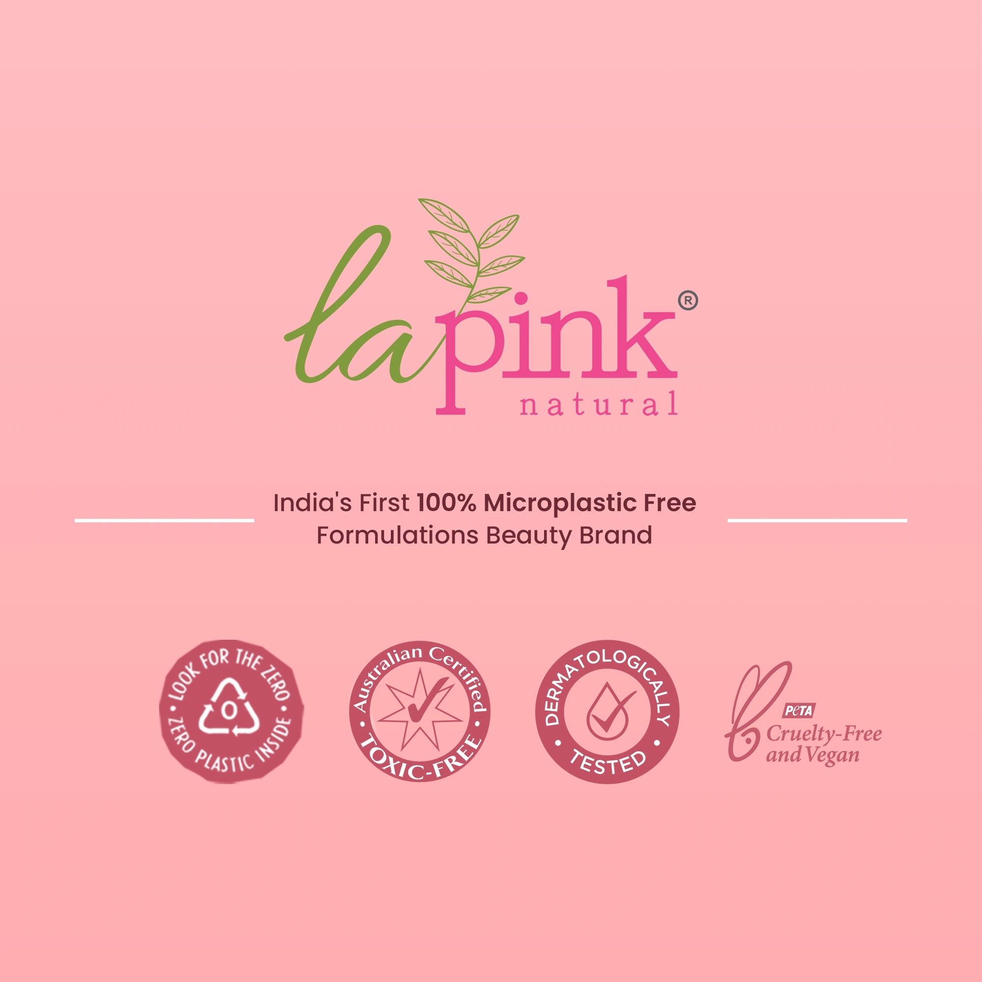 Lapink natural logo on a pink background with certification icons.