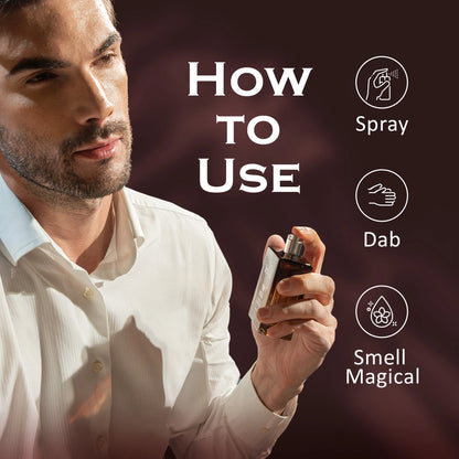 Man holding a perfume bottle with instructions on how to use it.