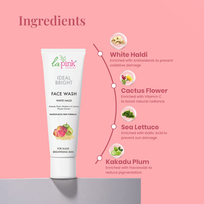 La Pink Ideal Bright Face Wash with ingredients listed on a pink background