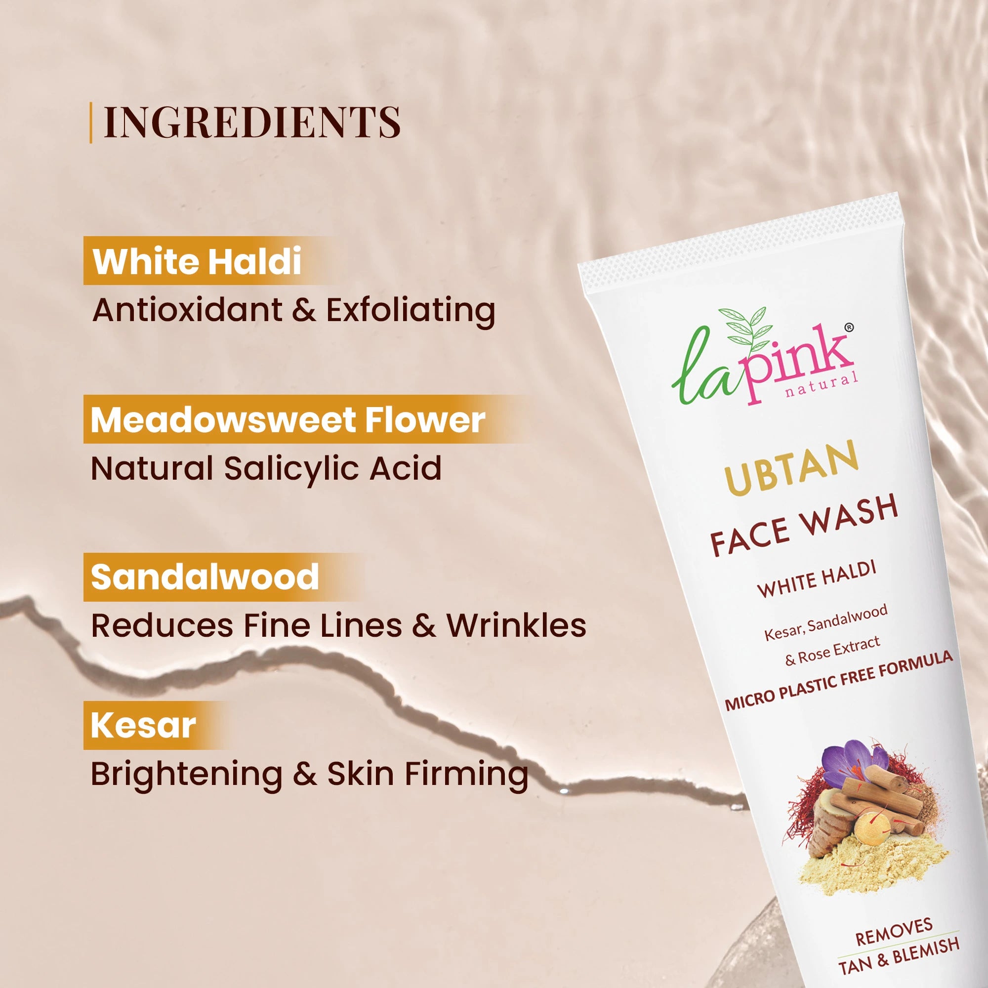 La Pink Ubtan Face Wash tube with ingredients listed on a beige background