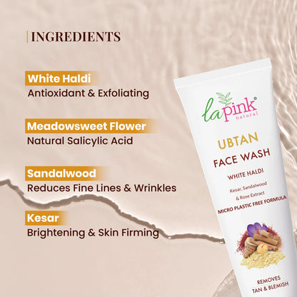 La Pink Ubtan Face Wash tube with ingredients listed on a beige background