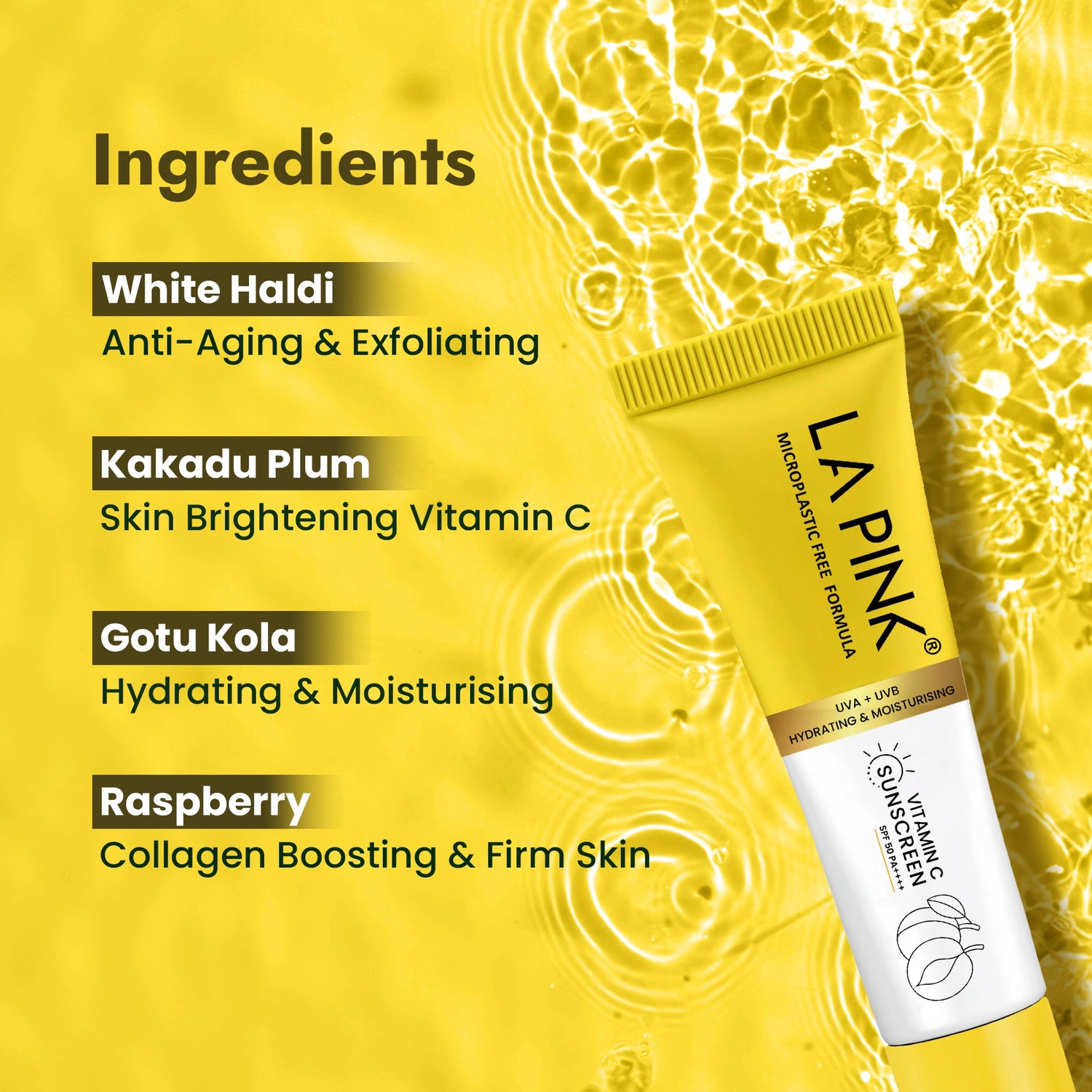 LA Pink sunscreen tube with ingredients listed on a yellow background