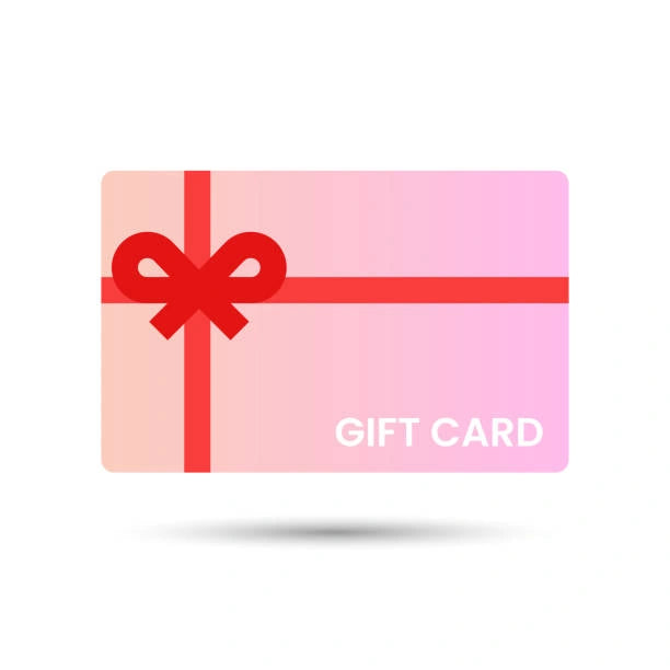 Gift card with a pink gradient and red bow on a white background