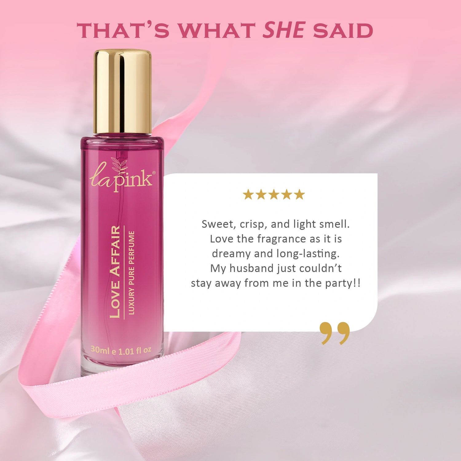 Perfume bottle with pink label on a soft pink background, featuring a customer review.