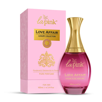 La Pink Love Affair perfume bottle and packaging on a white background