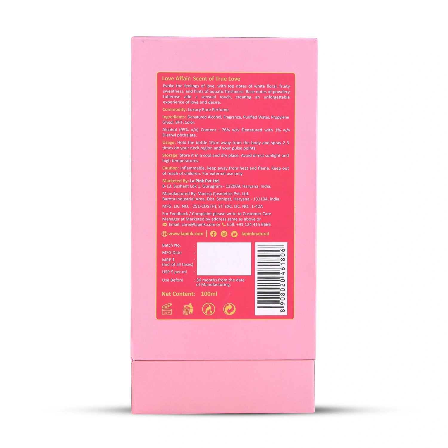 Pink packaging with text and a barcode on a white background