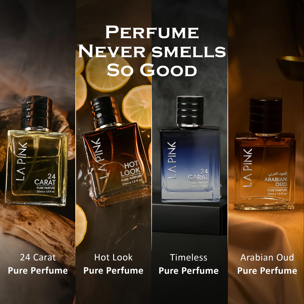 Four perfume bottles from LA PINK are shown in a four-panel promotional layout with the text &