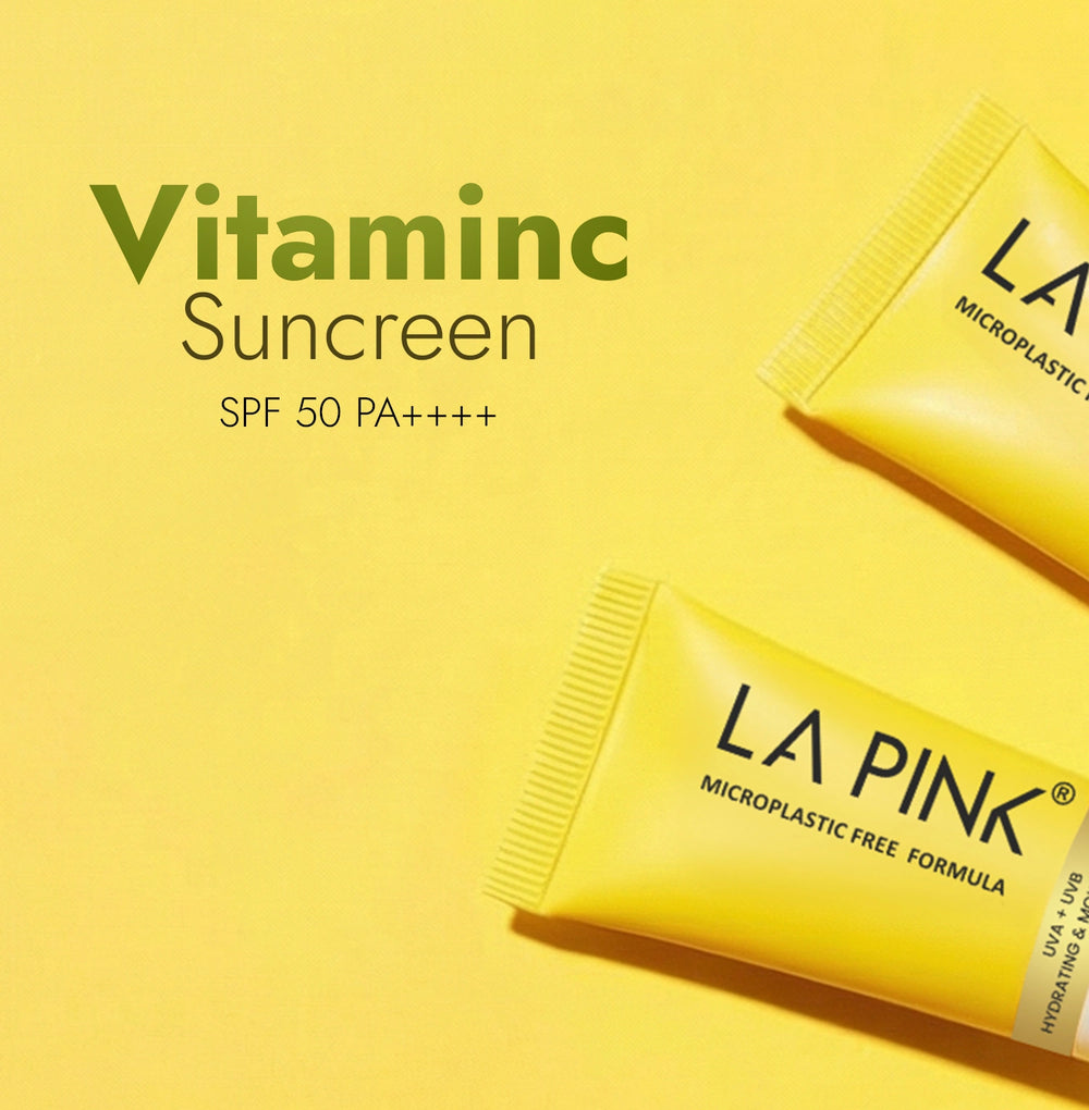 Yellow packets of LA Pink Vitamin C Sunscreen on a yellow background
