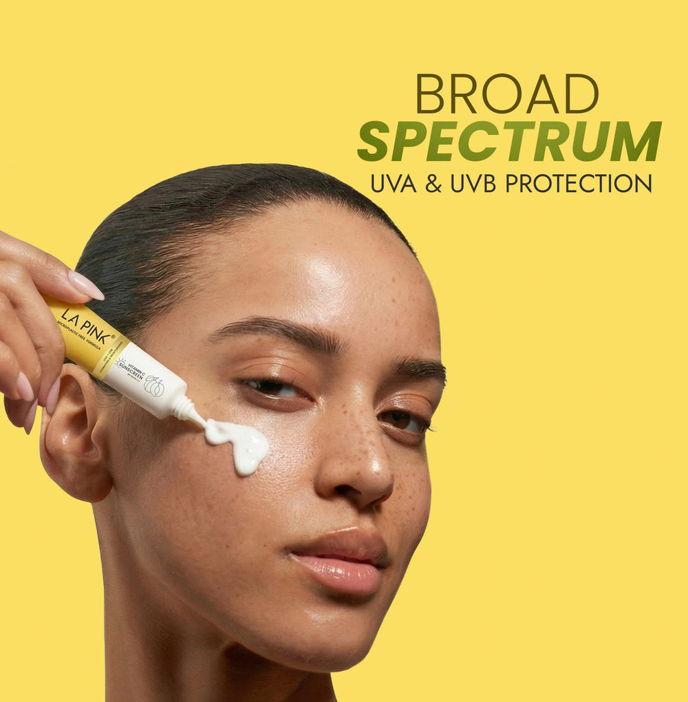 Person applying sunscreen to face with 'Broad Spectrum UVA & UVB Protection' text on a yellow background