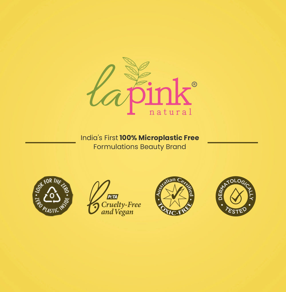 Lapink natural branding on a yellow background with certification logos.