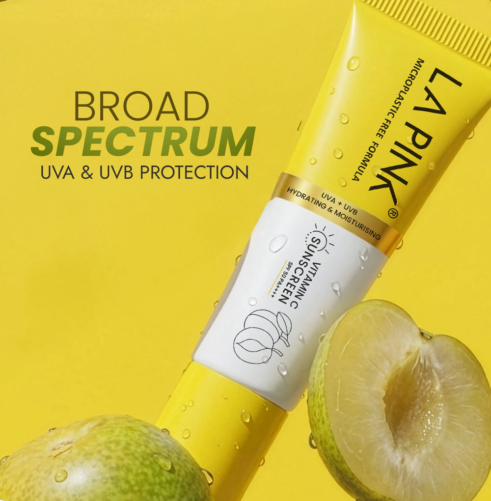 Yellow sunscreen tube with 'LA Pink' branding on a yellow background