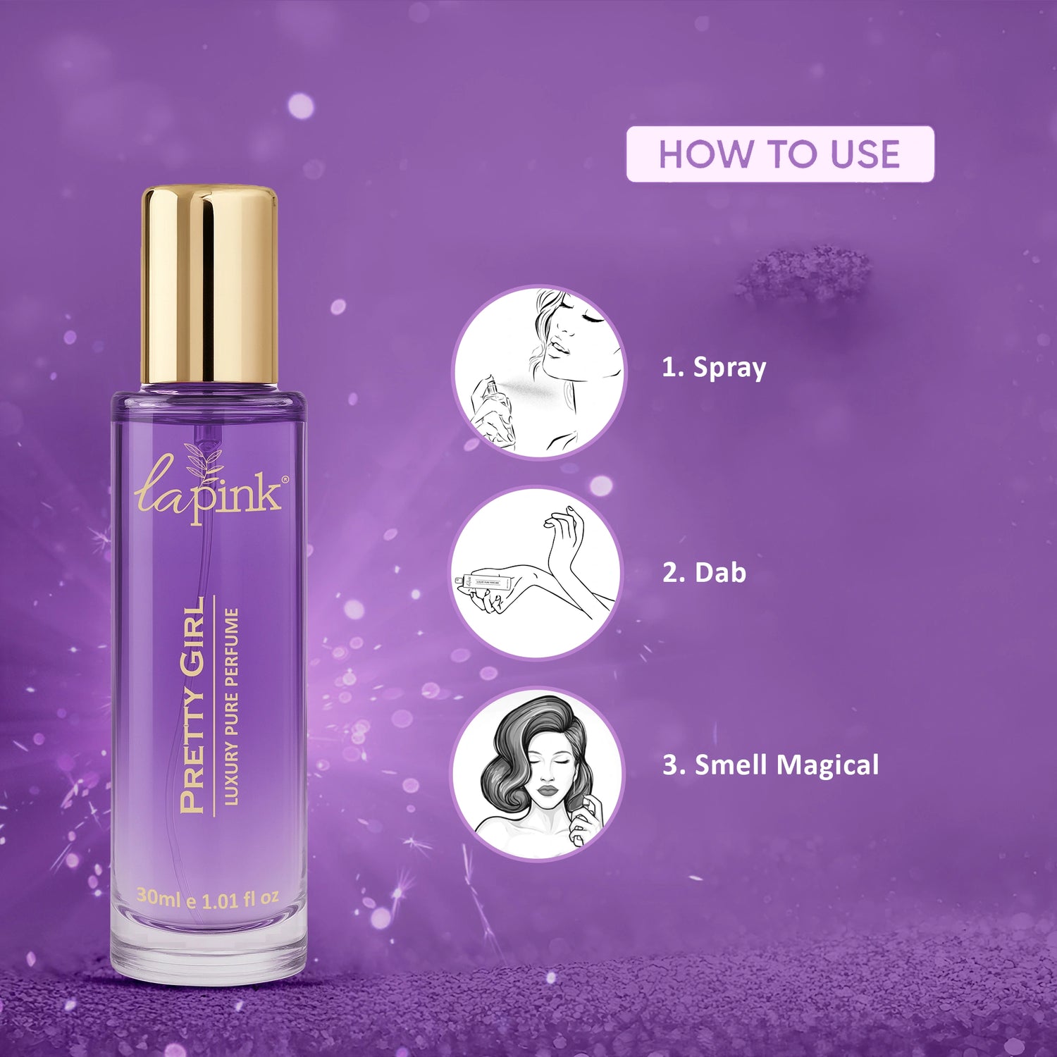 Purple perfume bottle with gold cap on a purple background, featuring &