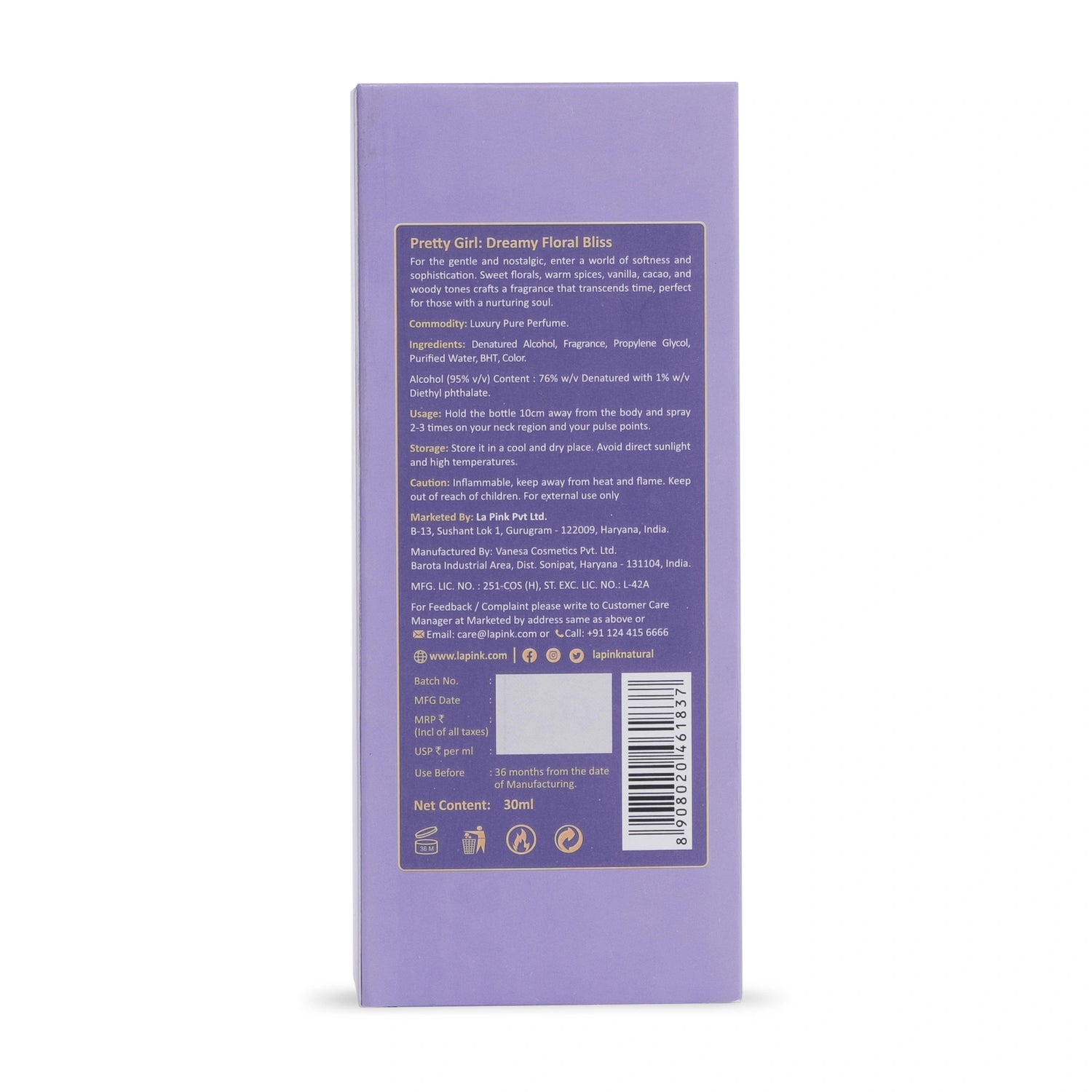 Purple product packaging with text and a barcode on a white background