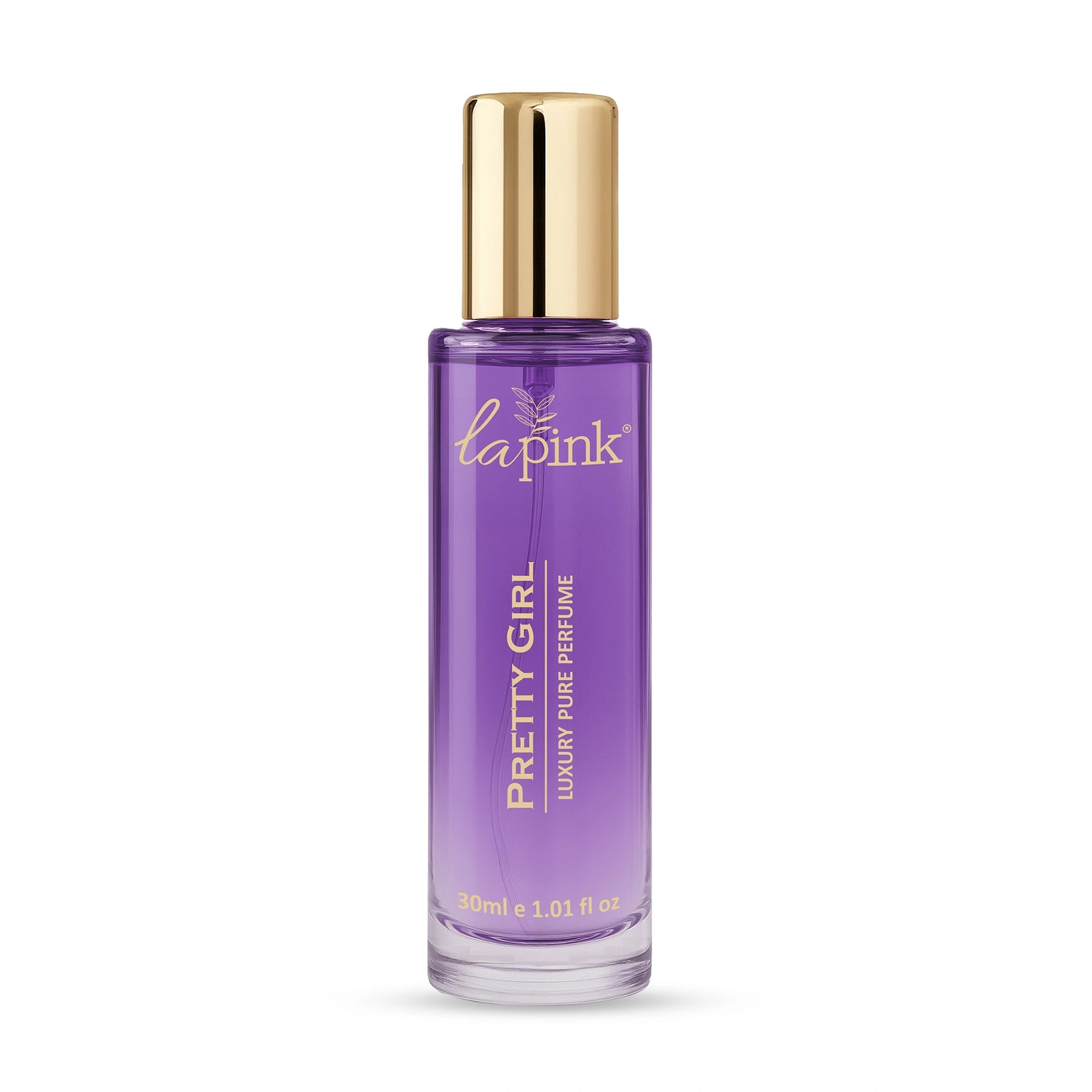 Purple perfume bottle with gold cap on a white background