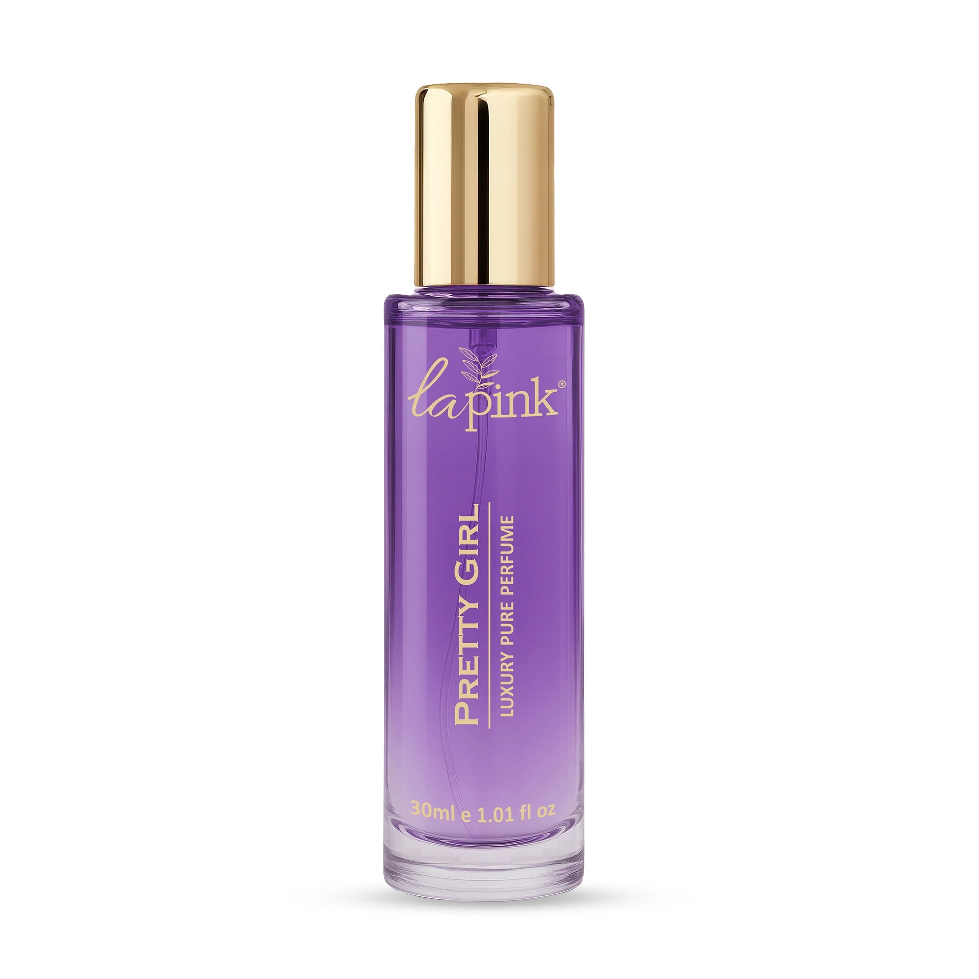 Purple perfume bottle with gold cap on a white background