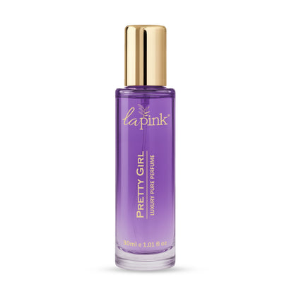 Purple perfume bottle with gold cap on a white background