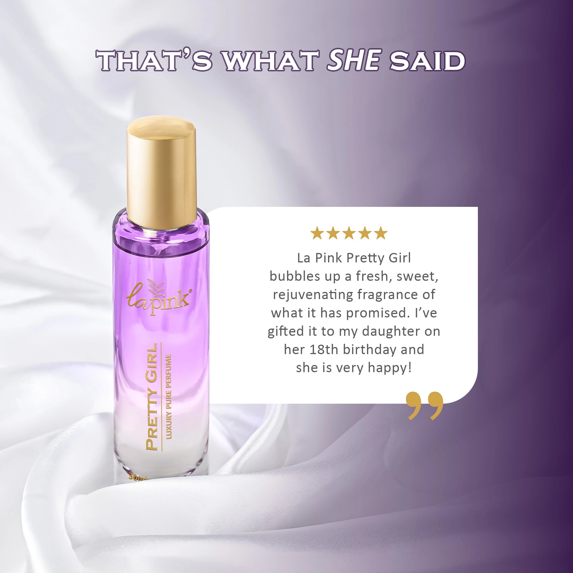 Purple perfume bottle with gold cap on a white and purple gradient background, featuring a customer review.