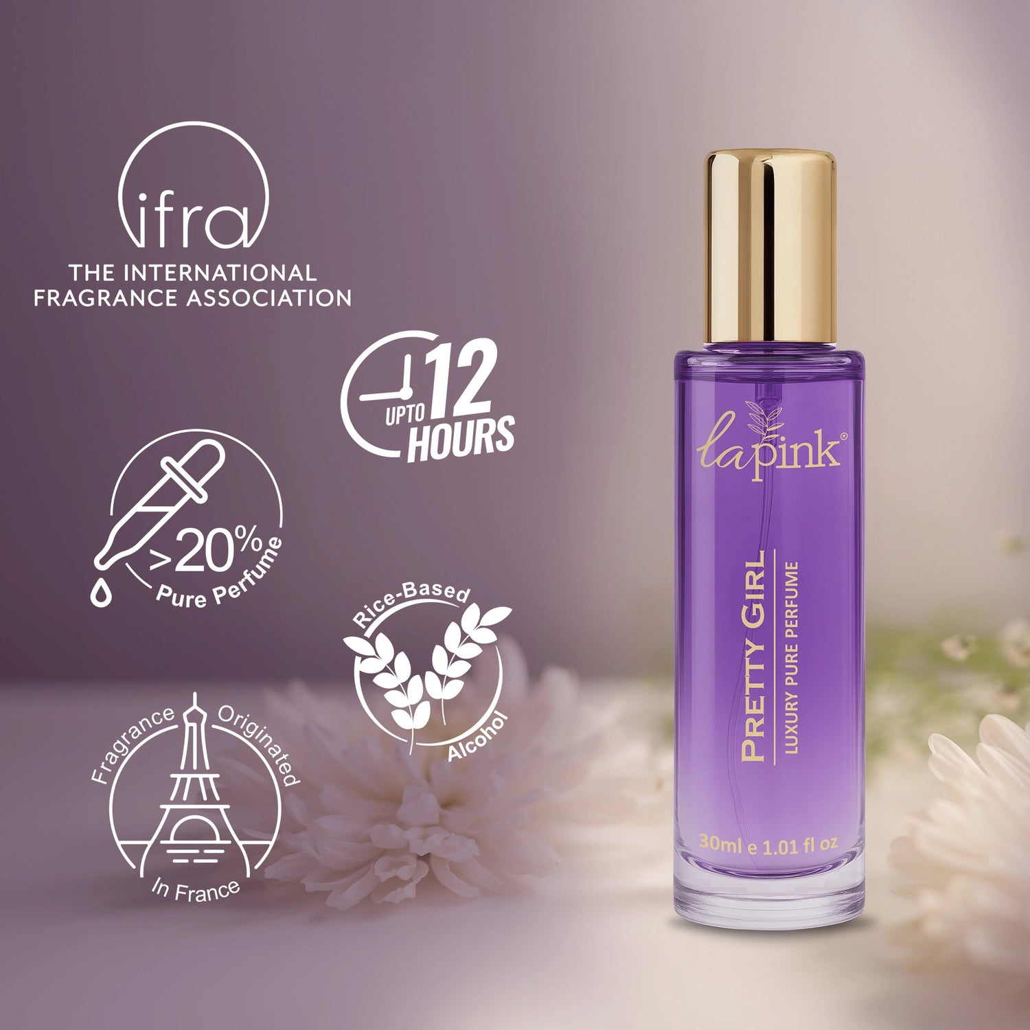 Purple perfume bottle with gold cap on a blurred floral background, featuring ifra and other icons.