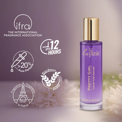 Purple perfume bottle with gold cap on a blurred floral background, featuring ifra and other icons.