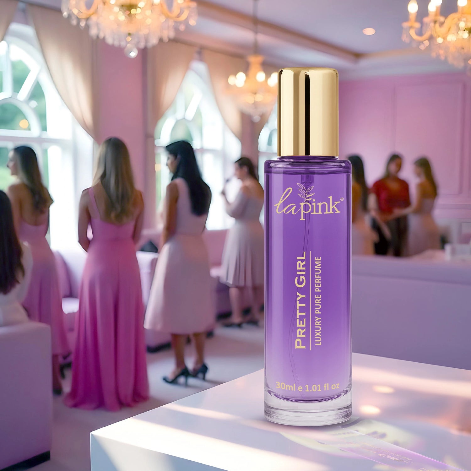 Lapink Pretty Girl perfume bottle on a table with a blurred background of people in formal attire.