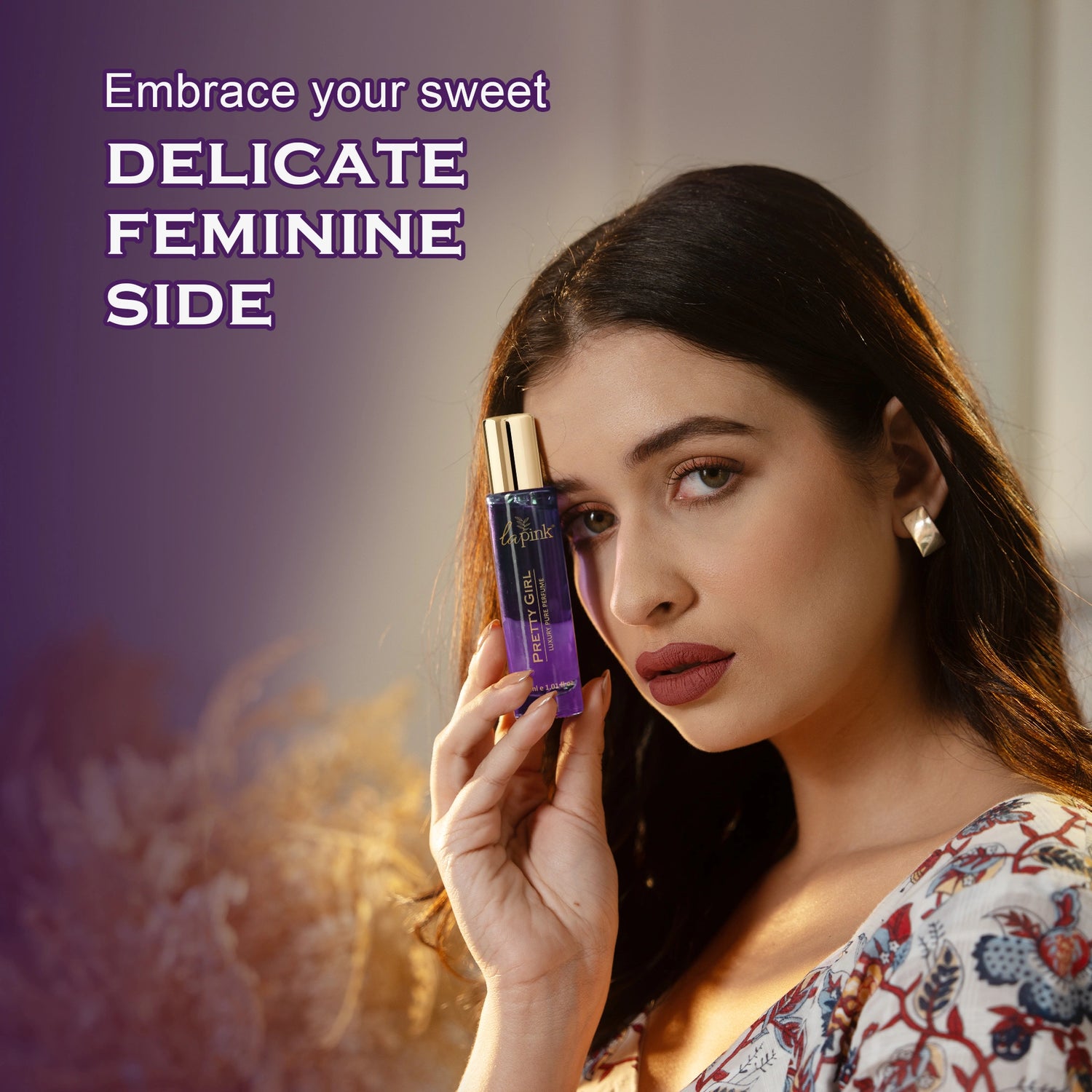 Woman holding a cosmetic product with text &