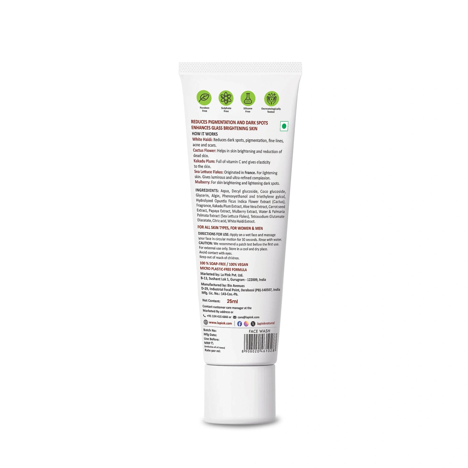 White tube with text and green icons on a white background