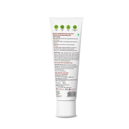 White tube with text and green icons on a white background