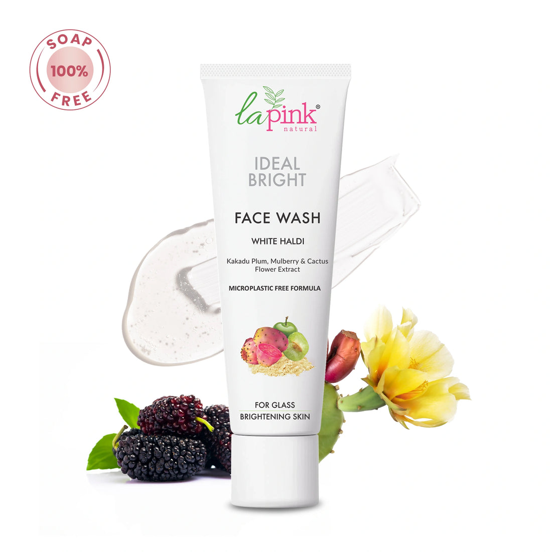 Tube of La Pink Ideal Bright Face Wash with natural ingredients on a white background