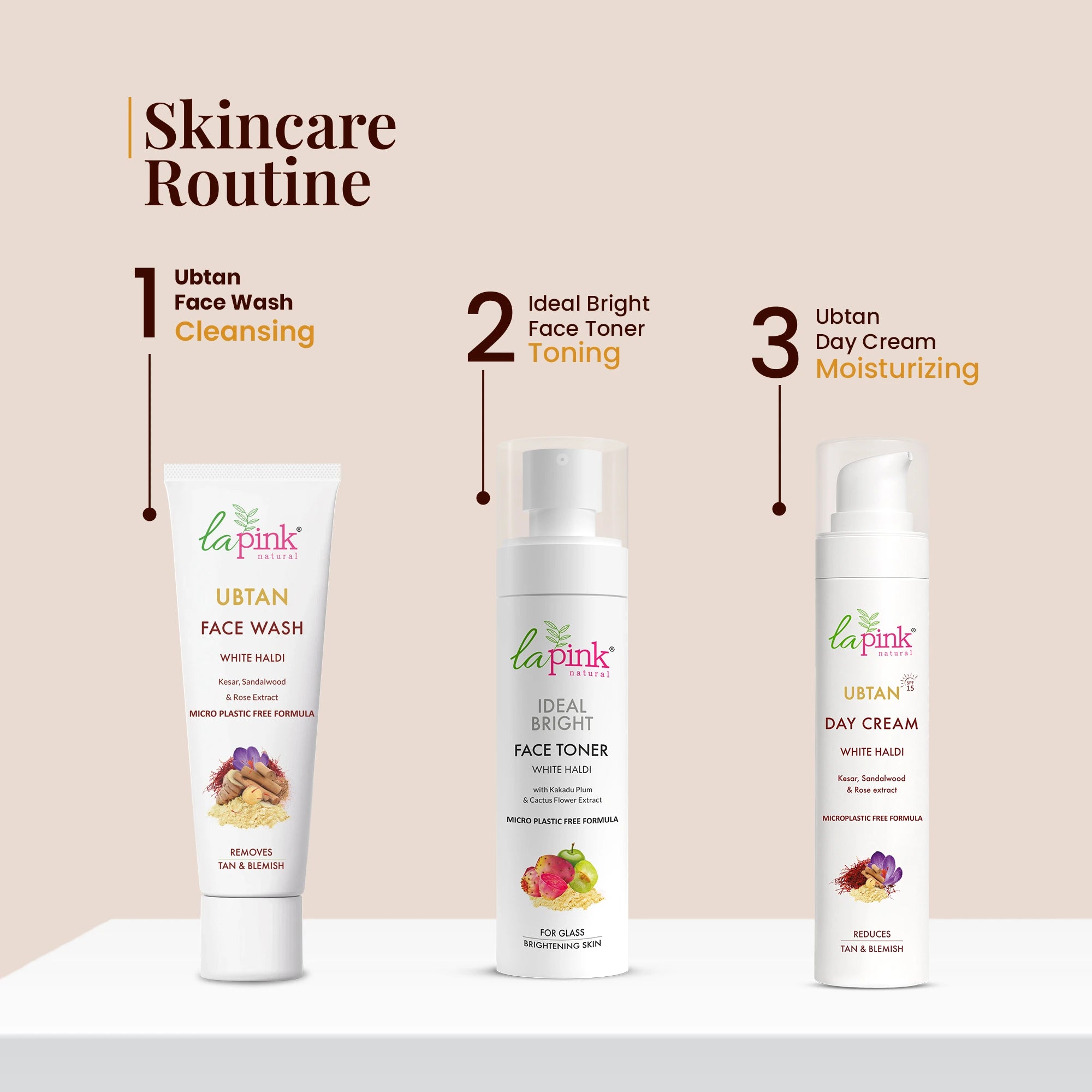 Three skincare products from La Pink on a beige background with text indicating a skincare routine.
