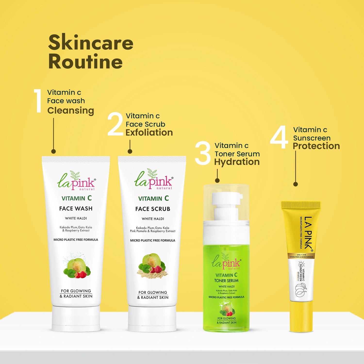 Skincare routine with La Pink Vitamin C products on a yellow background
