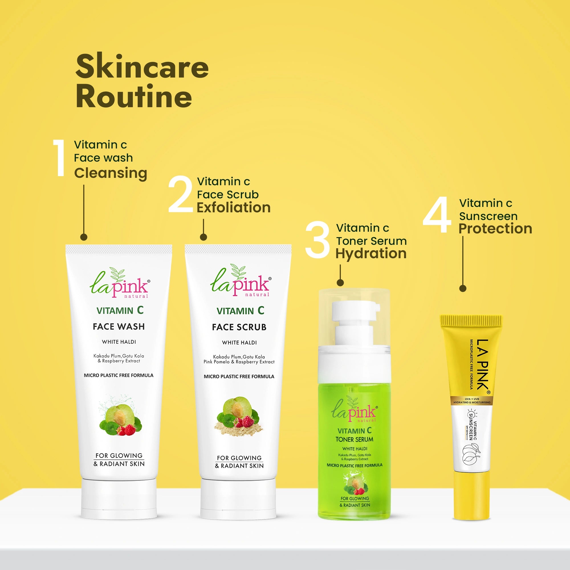 Skincare routine with La Pink Vitamin C products on a yellow background