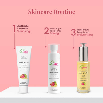 La Pink skincare products including face wash, toner, and serum on a pink background with text indicating a skincare routine.