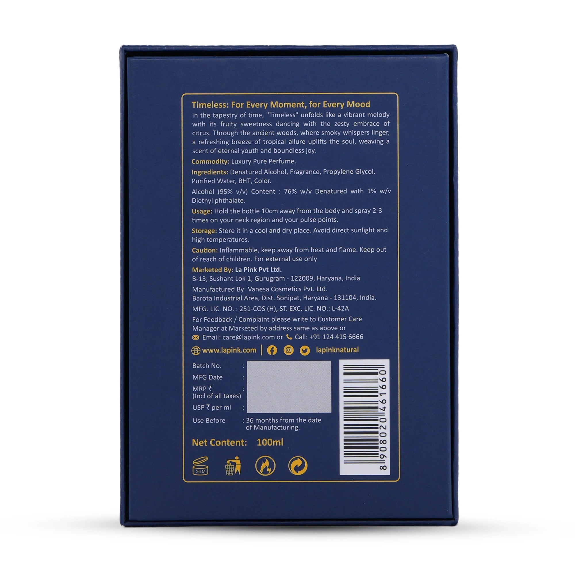 Back of a blue packaging box with text and product details on a white background
