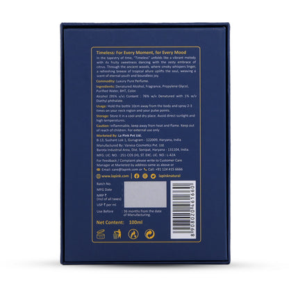 Back of a blue packaging box with text and product details on a white background